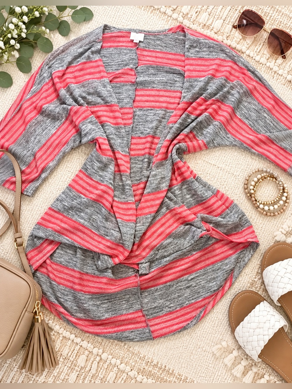 LuLaRoe Lindsey Cardigan Small Coral Pink Gray Striped Open Front Lightweight